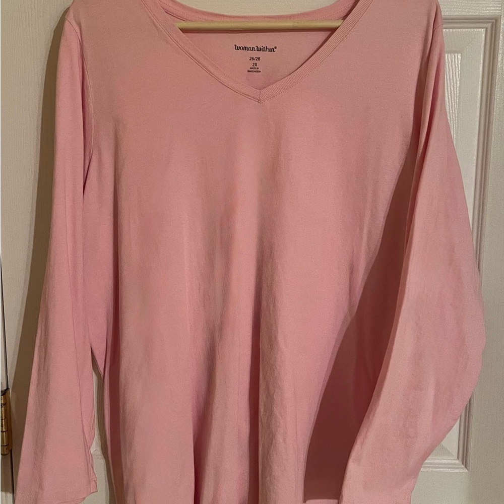 Pink Long Sleeve V-Neck T-Shirt Top